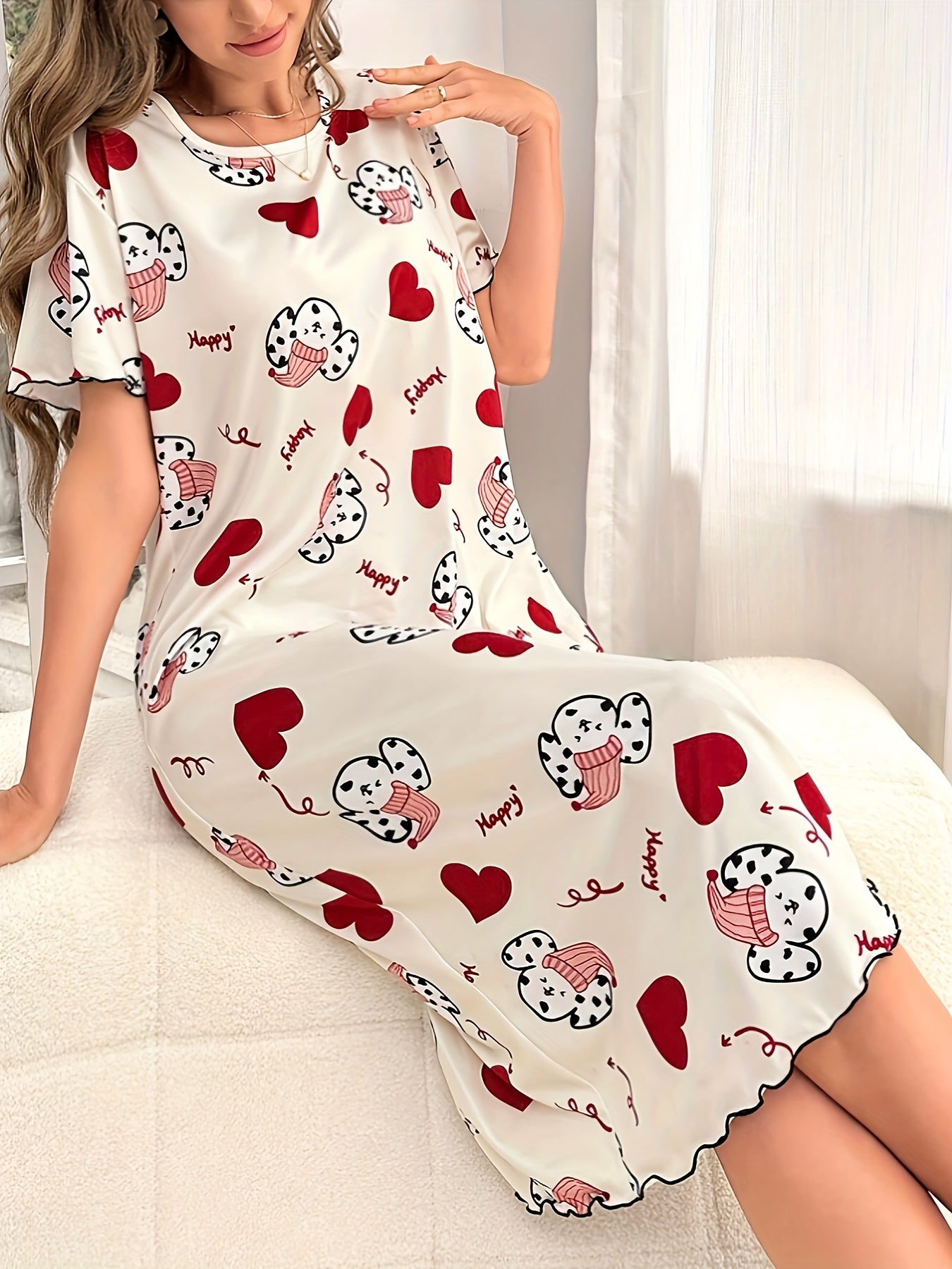 Women's Cozy Pajama Dress with Spotted Dog and Heart Print Short Sleeve Round Neck Soft Polyester Blend