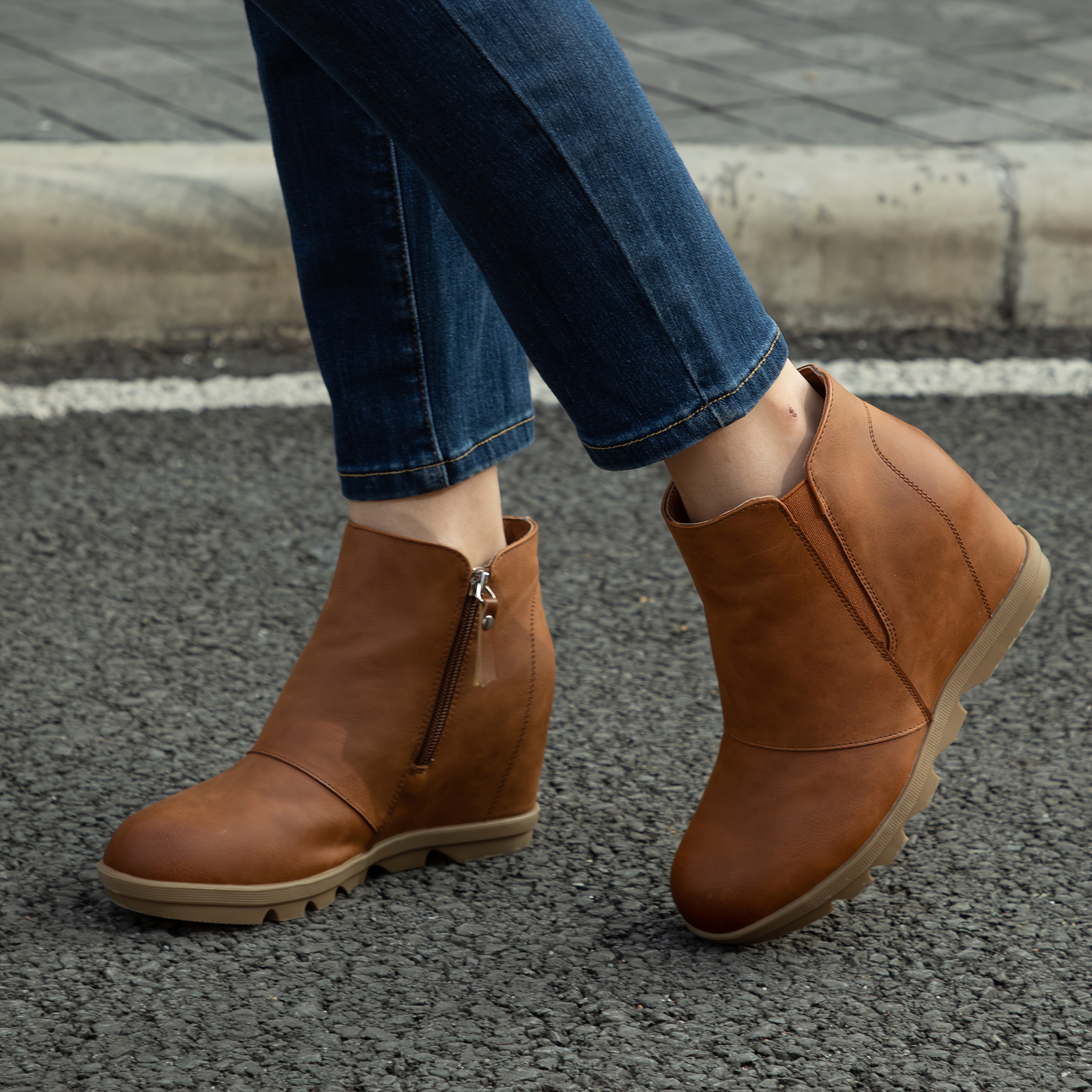 Women's Faux Leather Slip-On Wedge Ankle Boots Brown Casual Comfort