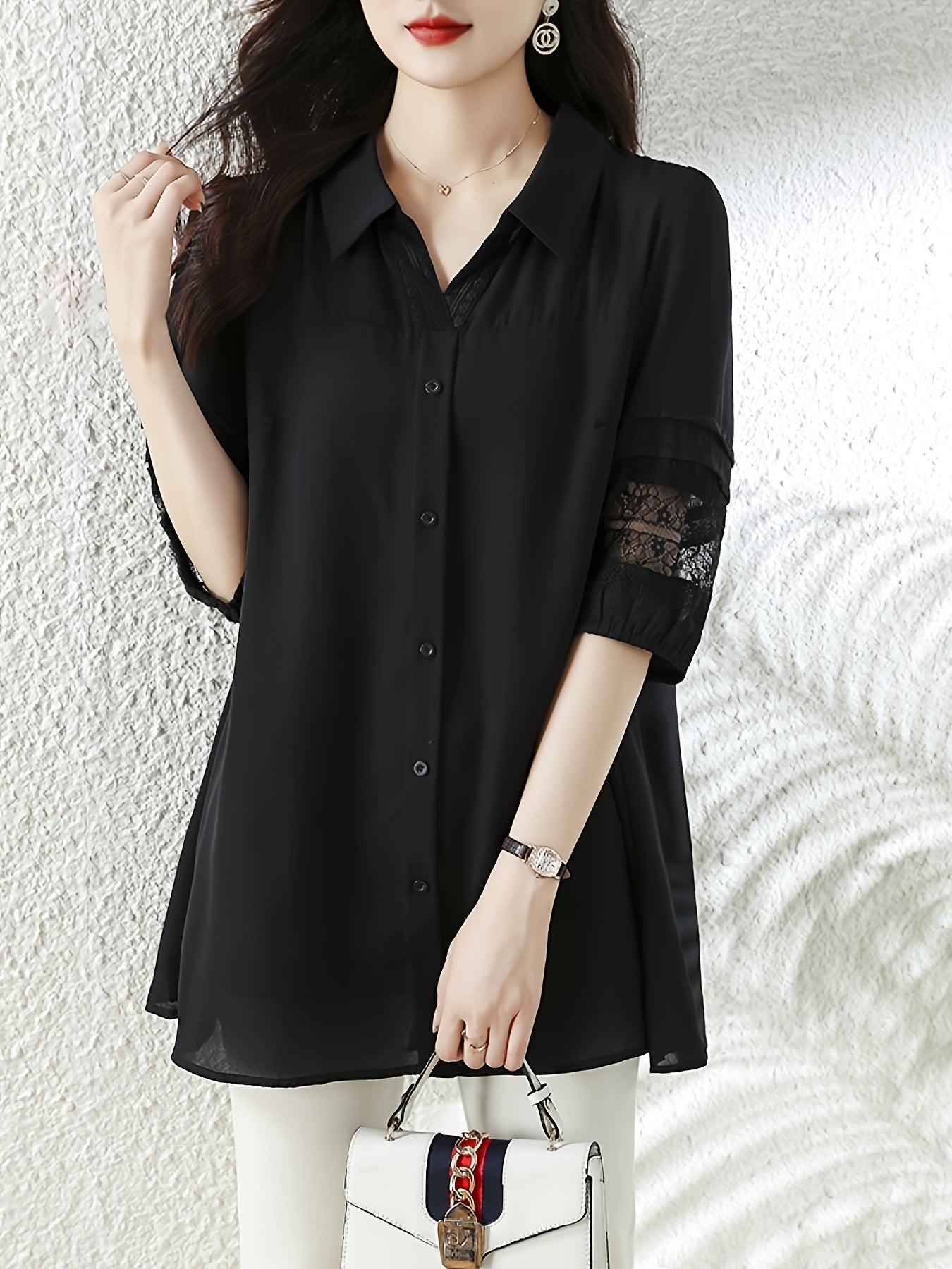 Plus Size Women's Black Chiffon Lace Trim Top Casual Short Sleeve Blouse