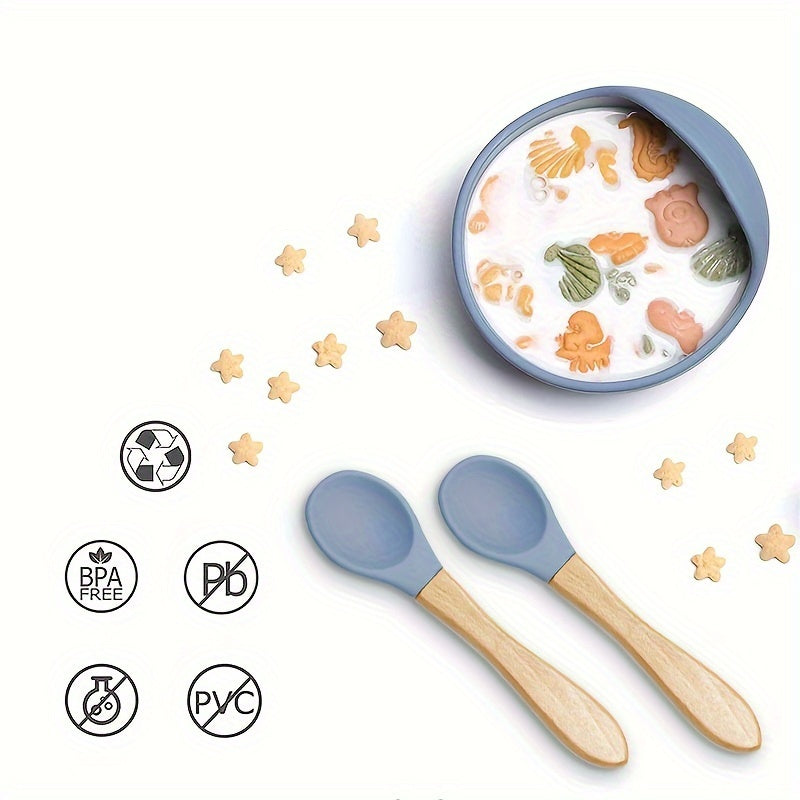 Kids' Feeding Set Silicone Bowl with Suction and Wooden Fork BPA-Free Dishwasher Safe 9 Colors
