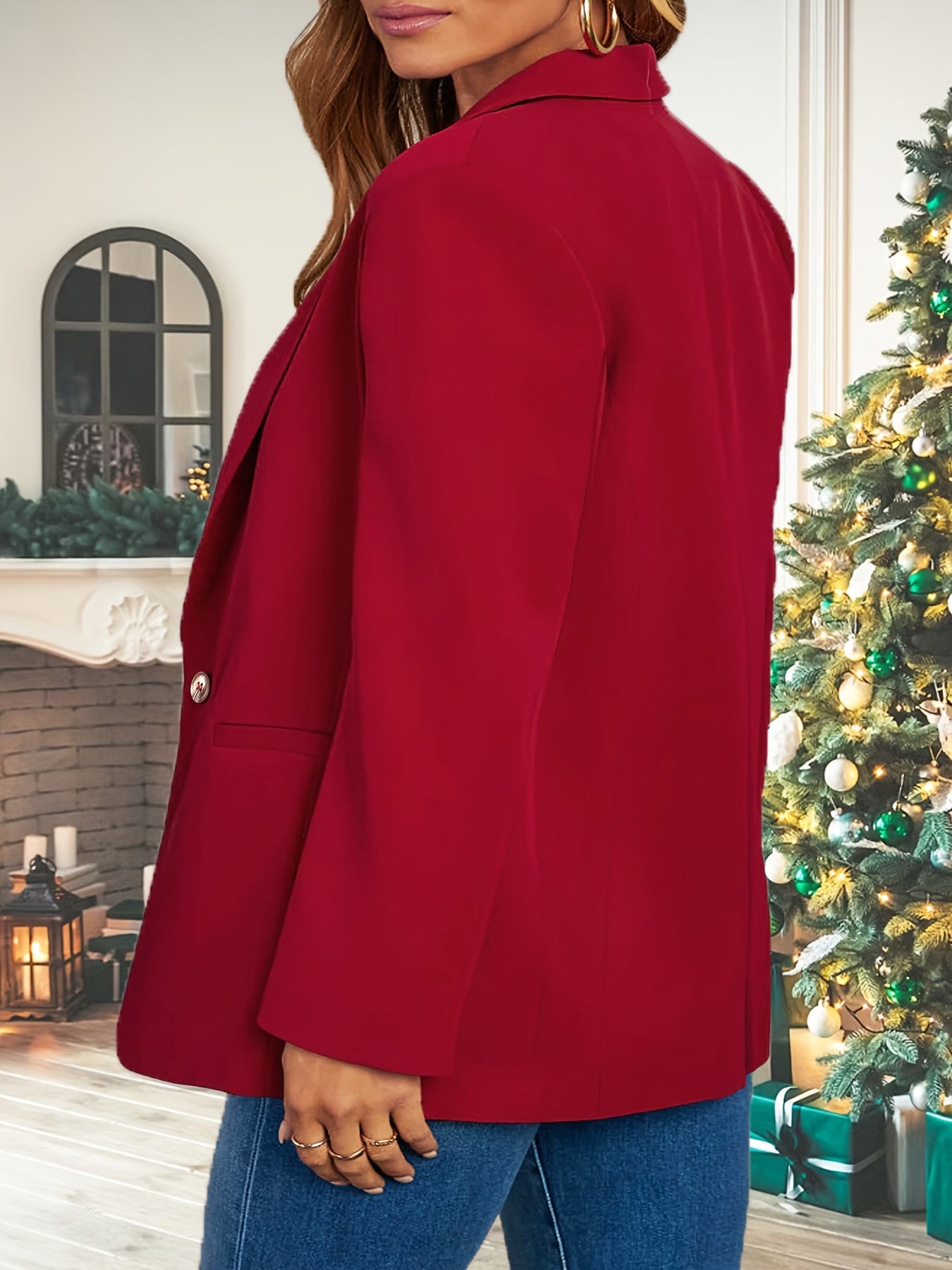 1 dona Ayollar uchun Elegant Plus Size Mustahkam Rangli Polyester Blazer - Yengil Yaka, Uzoq Yeng, Bitta Tugma Old Qismi, Oddiy Fit Kiyim, Kundalik va Ofis Kiymishlari uchun.