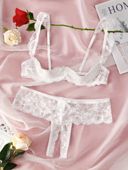 Women's Floral Lace Lingerie Set with Open Bust Bra and Crotchless Panties