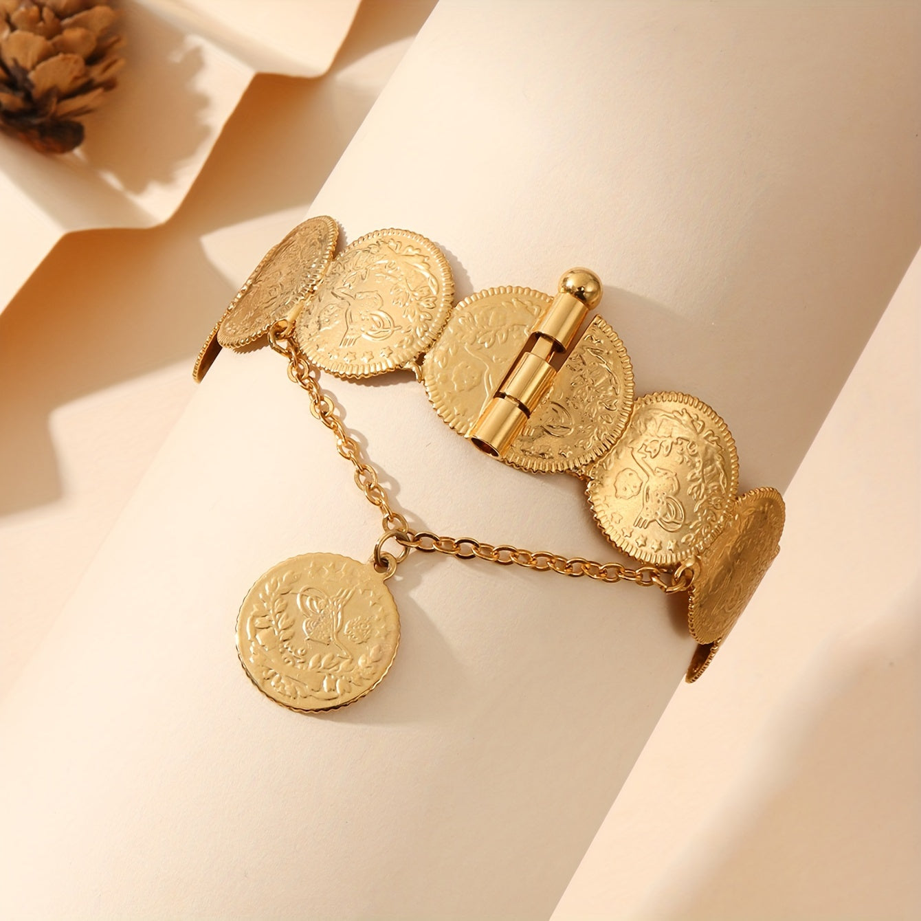 Gold Plated Bangle Bracelet with Coin Detail Vintage Style Copper Alloy for Women