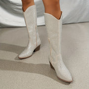 Women's Rhinestone Decor Chunky Heel Dress Boots with Side Zipper