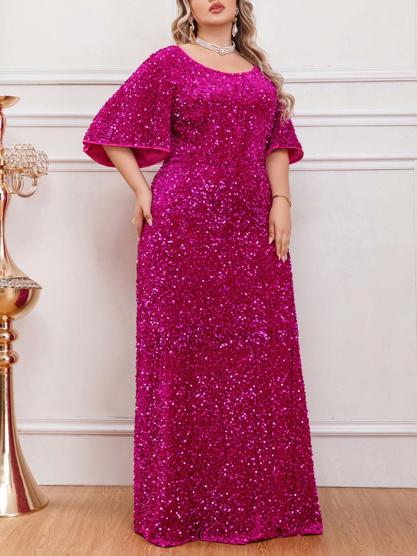 Plus Size Sequin Maxi Dress with Ruffle Sleeves for Weddings and Formal Events
