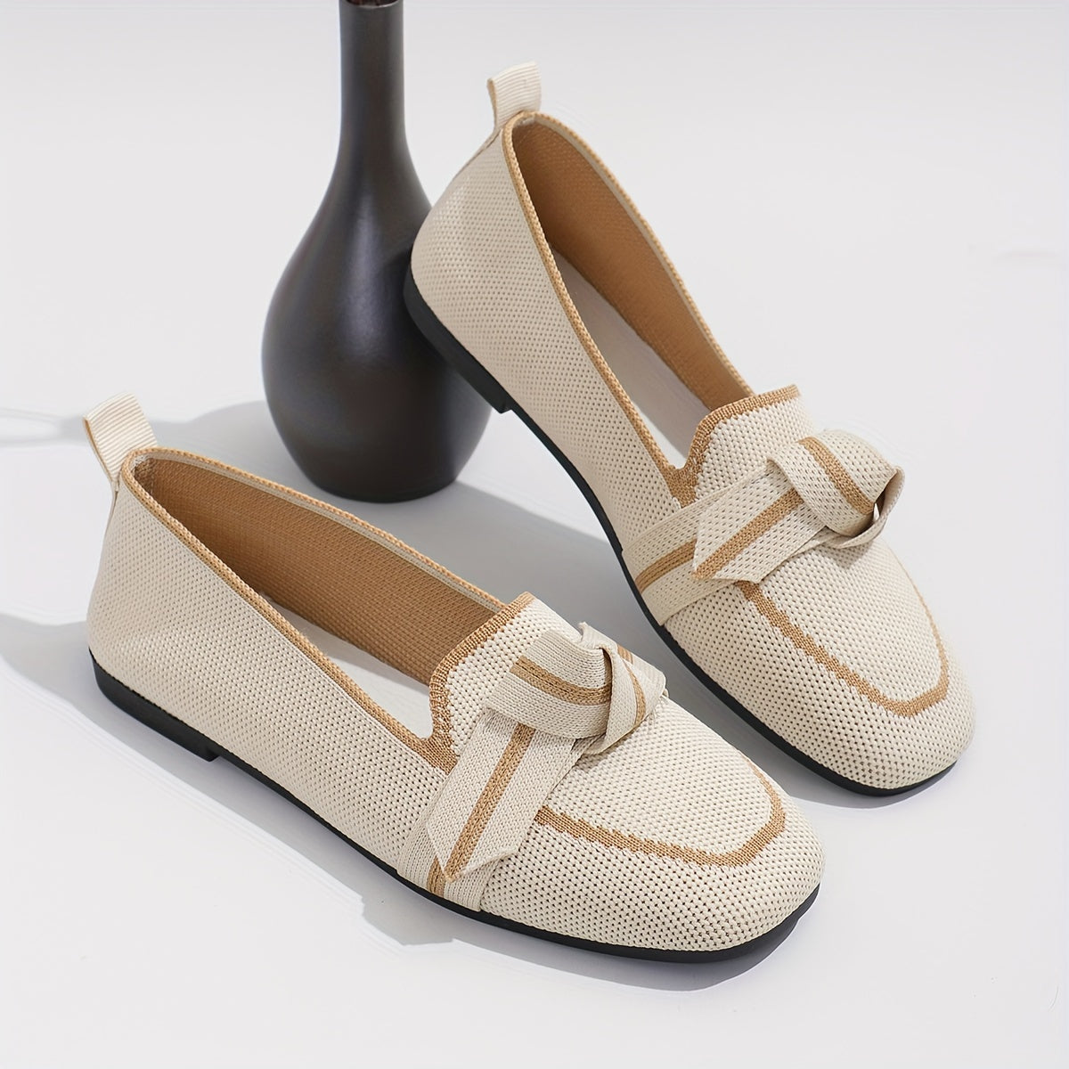 Women's Flat Shoes with Bow, Square Toe, Knitted Fabric, Slip-On, Lightweight