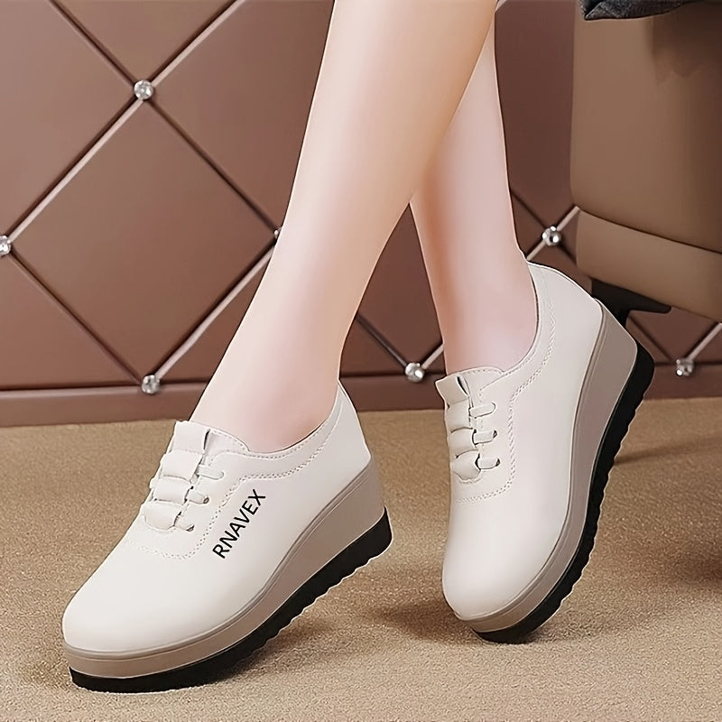 Women's Beige Faux Leather Casual Sneakers with Thick Soles and Chunky Heels