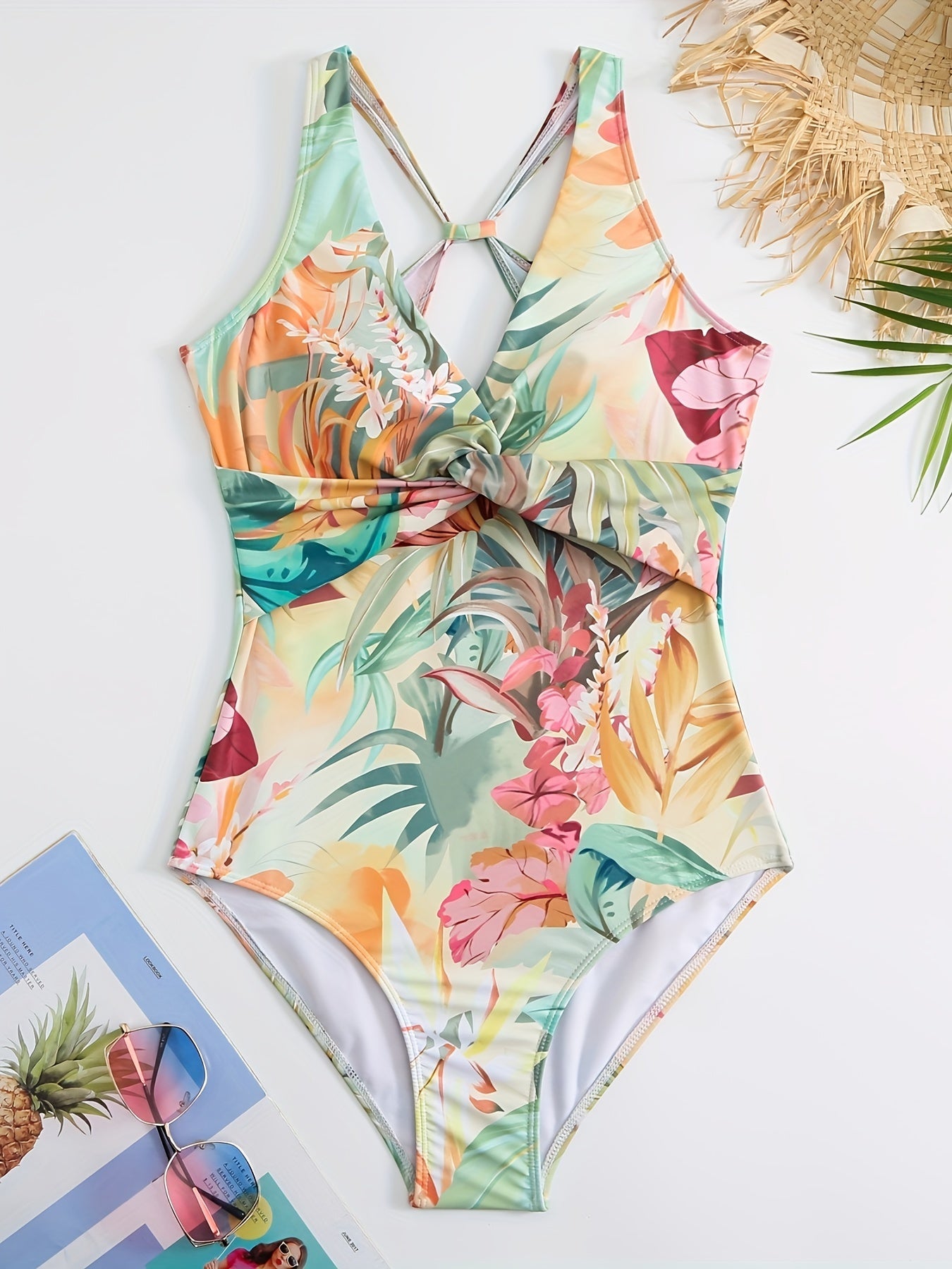 Women's Vintage Floral Two-Piece Swimsuit Set with Removable Beach Smock