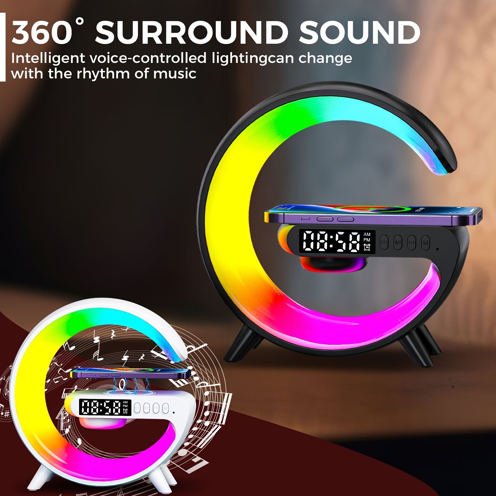 Smart Table Lamp with Wireless Charging Bluetooth Speaker Alarm Clock Night Light Adjustable Light Decor