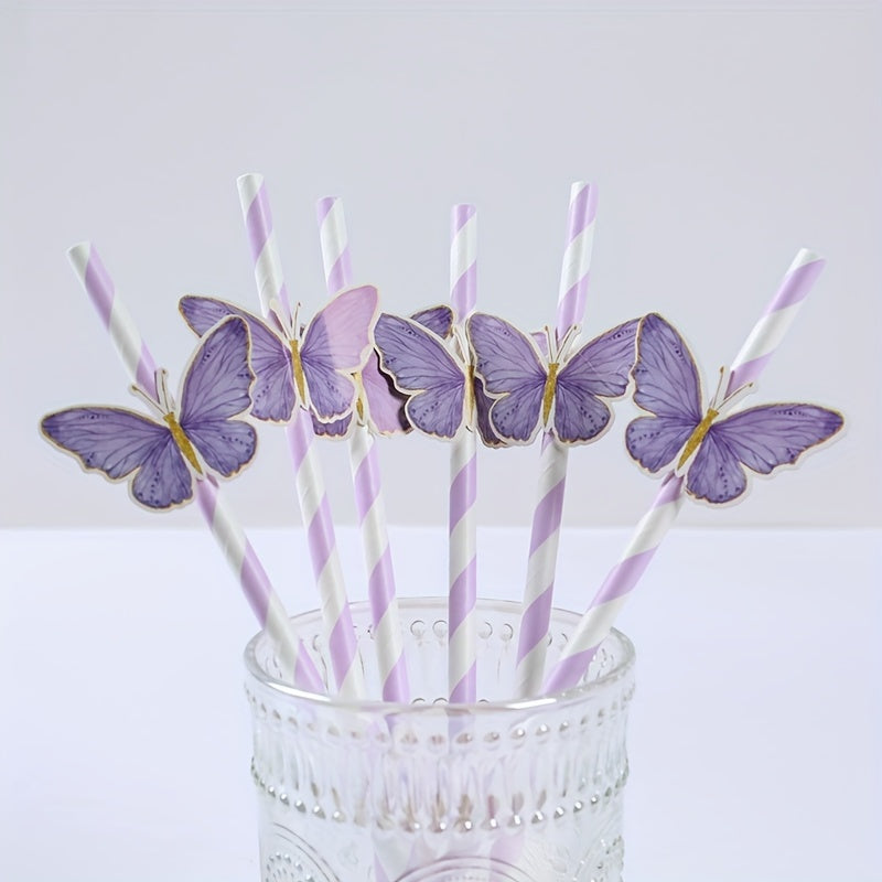 Set of 12 Pink and Purple Butterfly Paper Straws for Weddings and Parties