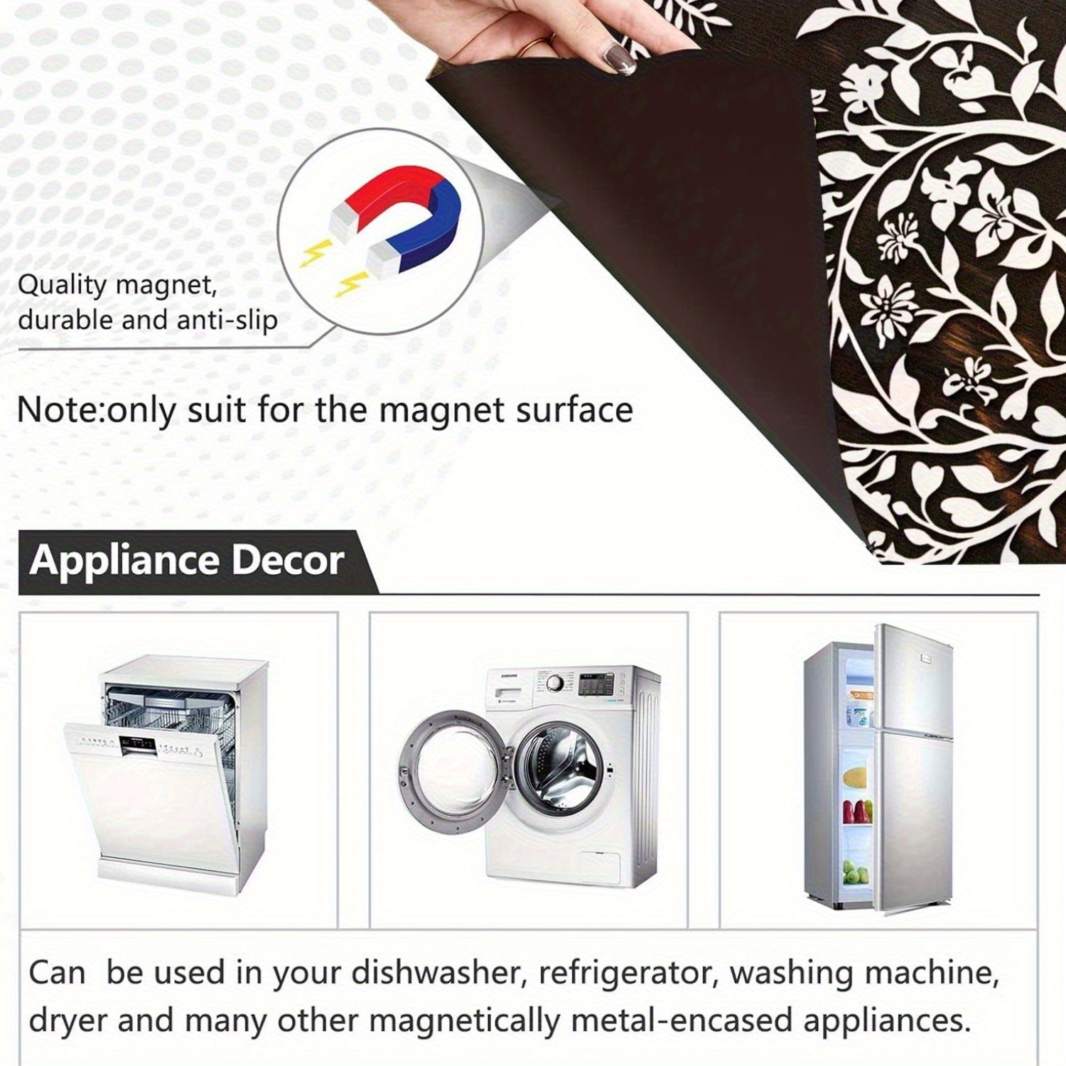 Silhouette Floral Cat Dishwasher Magnet Cover Waterproof Heat-Resistant Black Wood Design