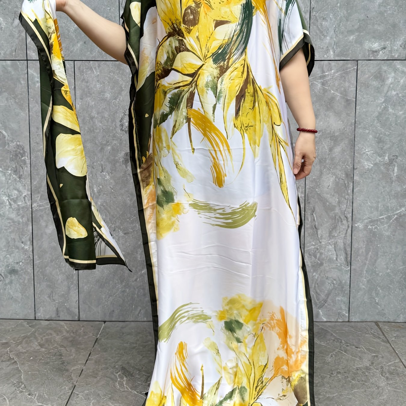 Plus Size Floral Pattern Kaftan Dress Longline Short Sleeve Summer Casual Gown