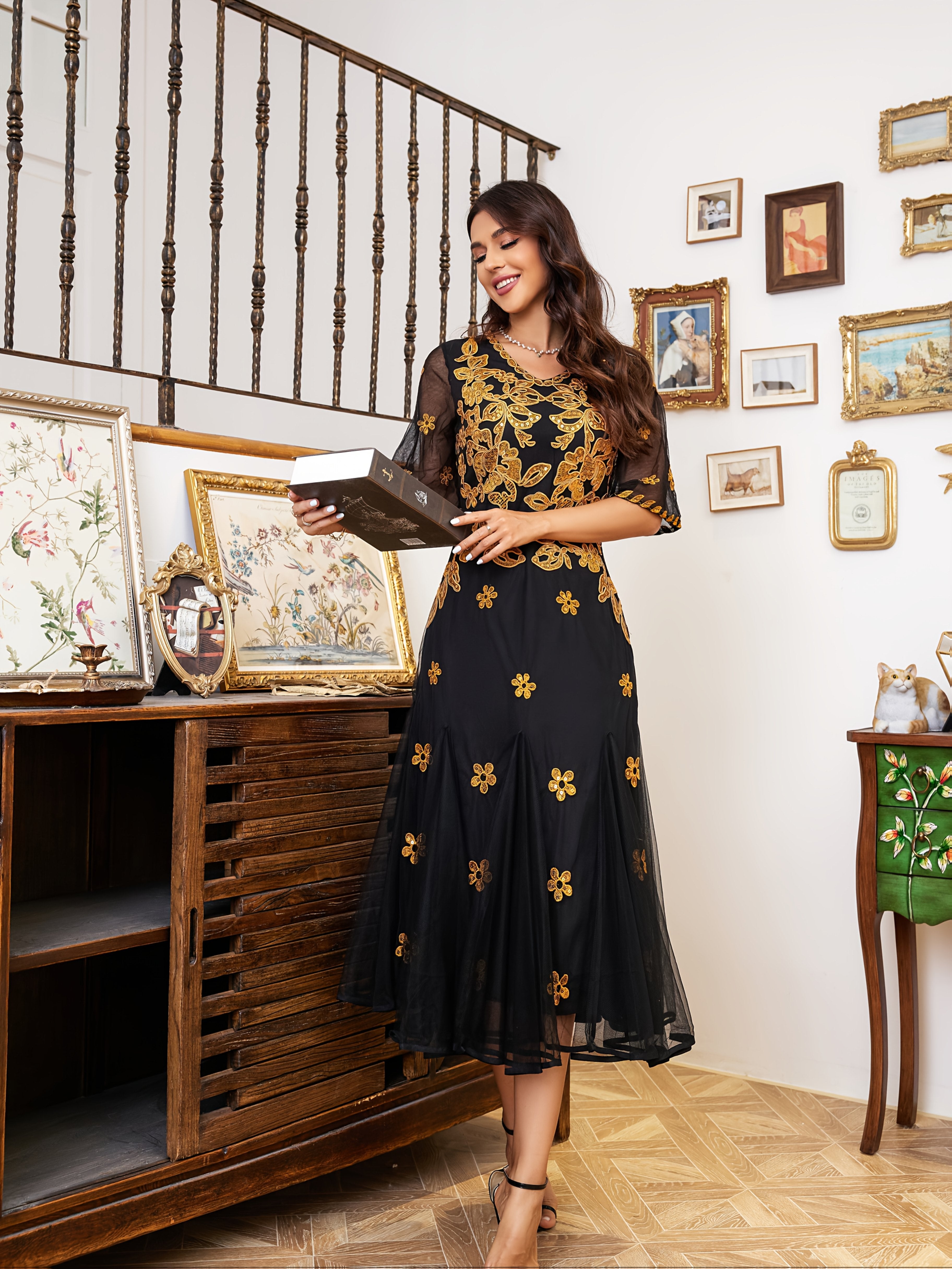 Women's Geometric Pattern Fit and Flare Party Dress Polyester Embroidered