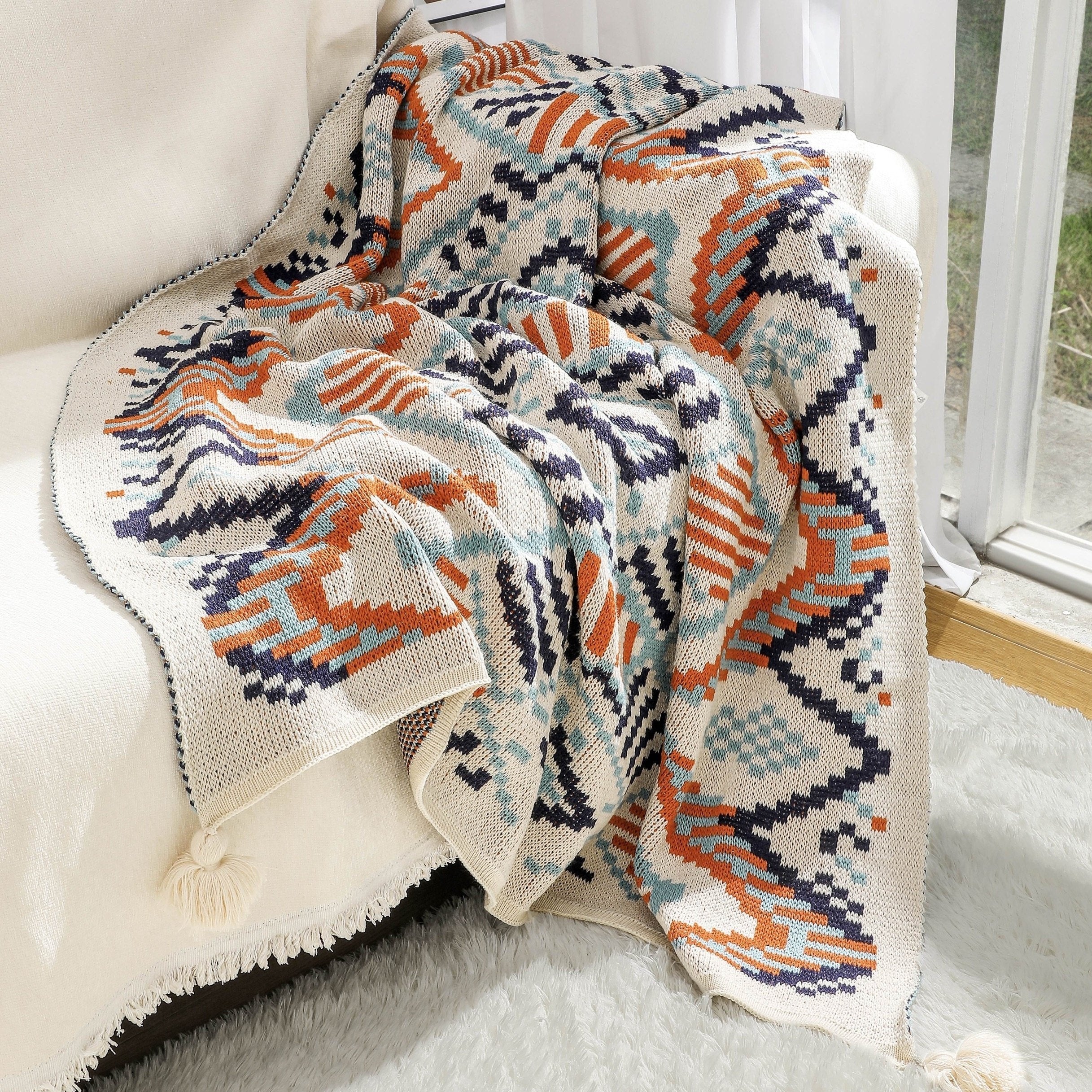 Bohemian Geometric Pattern Blanket with Tassels for Couch or Bed