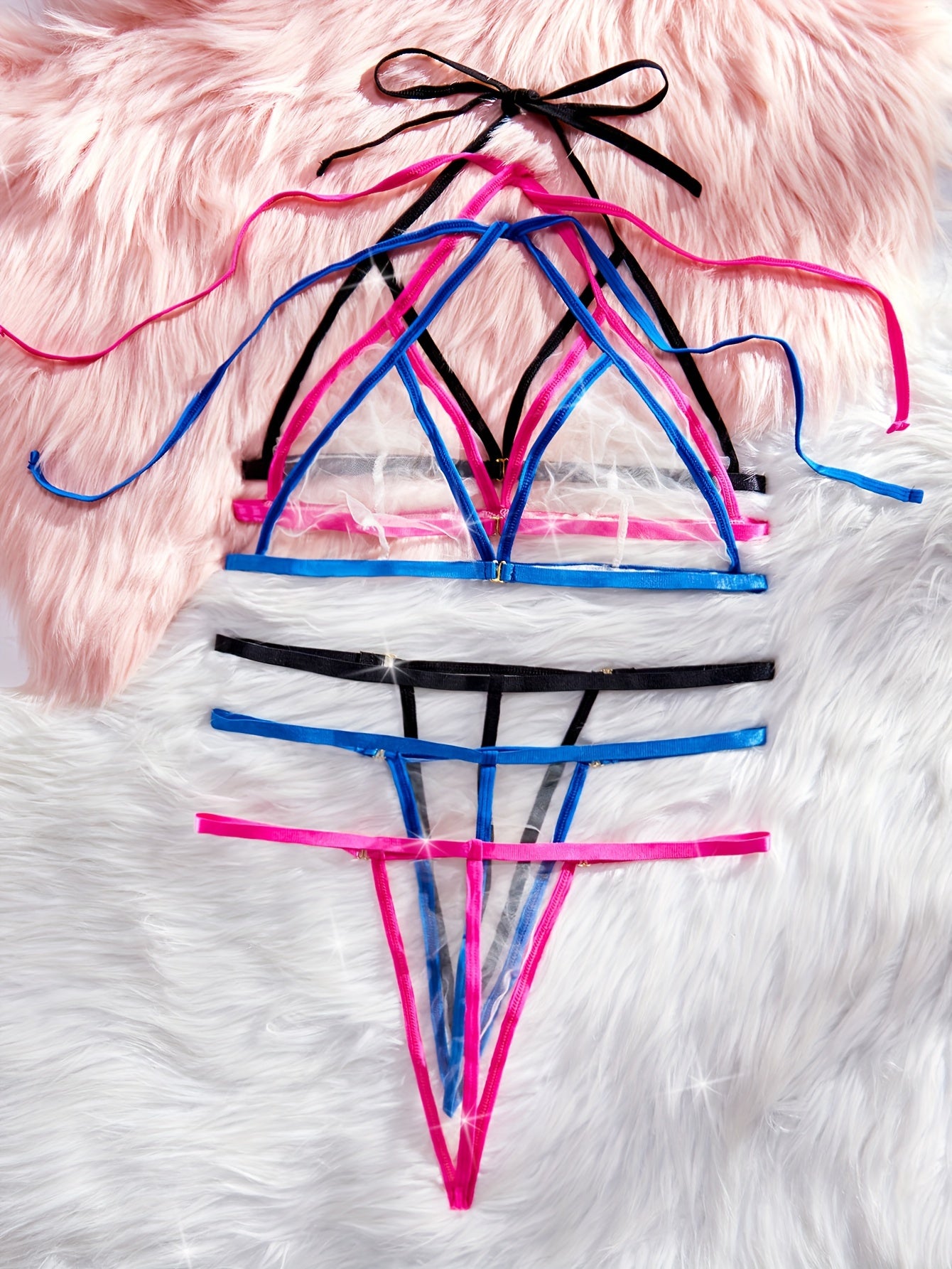 6 ta bo'lakli shaffof tarmoq bikini libosi to'plami, halter strap bra va shaffof thong bilan