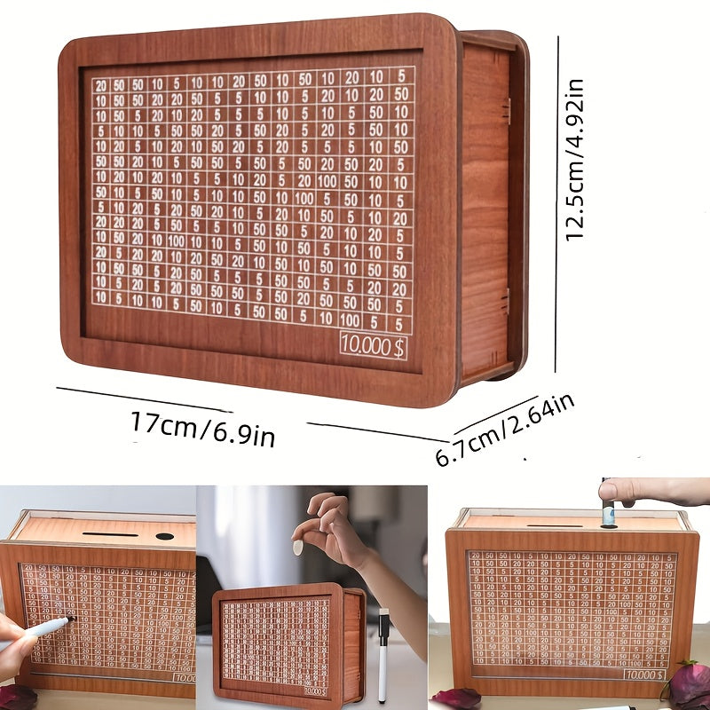 Caja de ahorros de madera con objetivos en moneda y números, caja de dinero con contador de objetivos de ahorro, regalo perfecto.