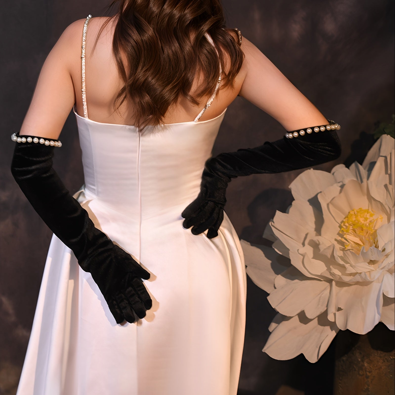 Black Long Fingerless Bridal Gloves with Pearl and Floral Embellishments for Weddings