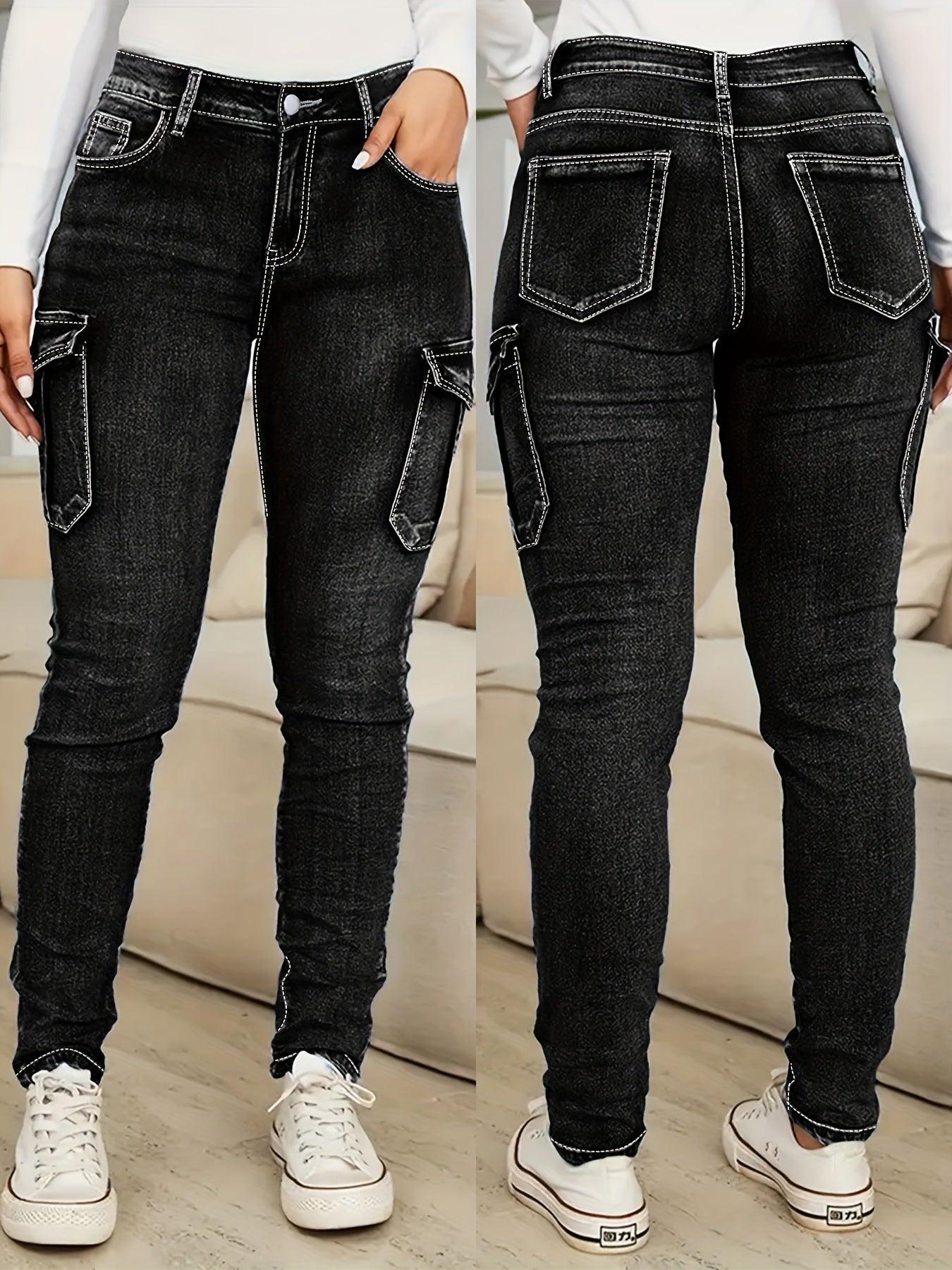 Women Plus Size Black Cargo Jeans with Pockets High Waist Stretchy Denim