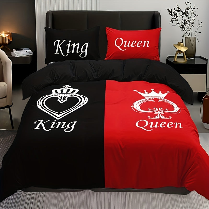 Black and Red Crown Pattern Bedding Set 3 Pieces Duvet Cover and Pillowcases