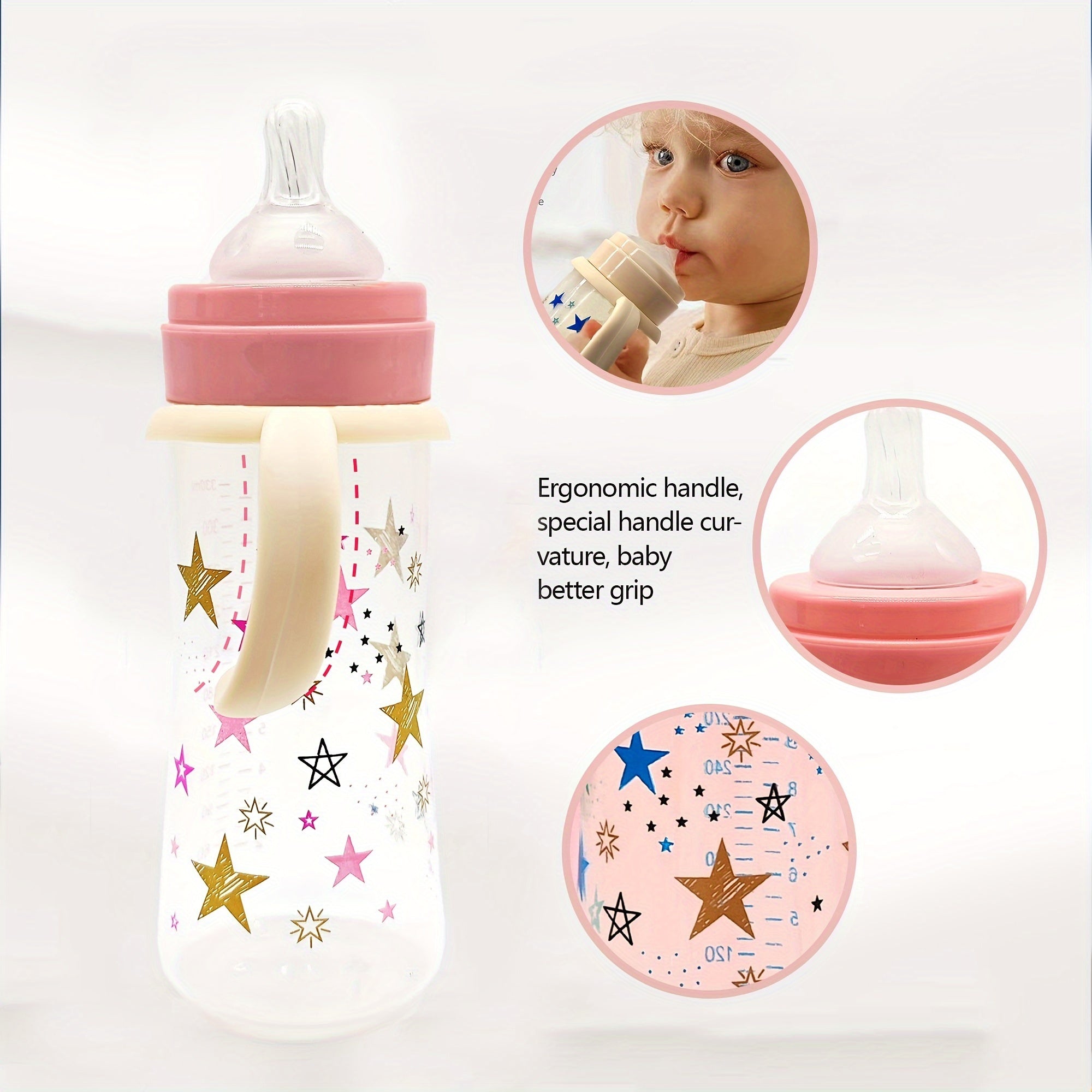 330ml Baby Feeding Bottle for 6-36 Months with Handle and Fairy Star Design in White Blue Pink