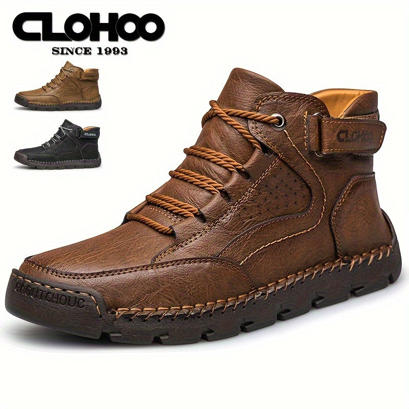 Men's High-Top Casual Ankle Boots with Handcrafted PU Upper Rubber Sole Warm Plush Interior Solid Color