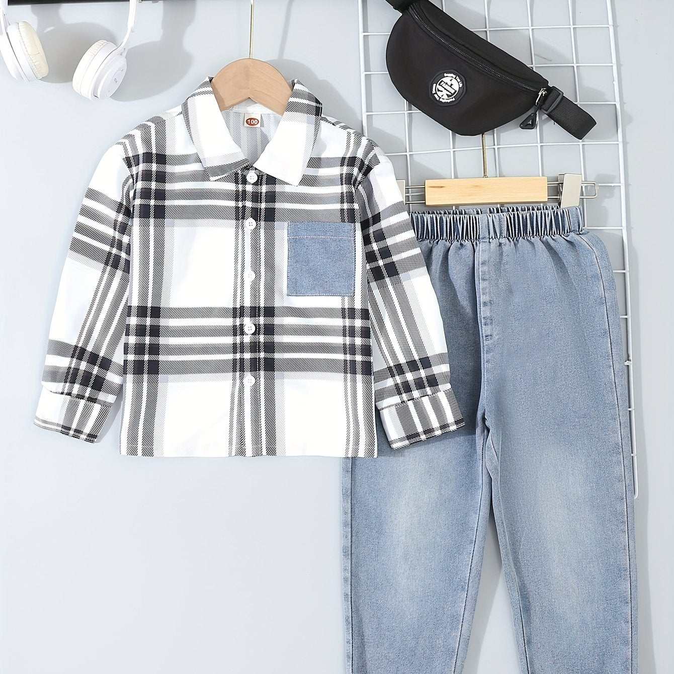 Boys' Casual Plaid Denim Shirt and Jeans Set Lightweight Polyester for Spring Fall