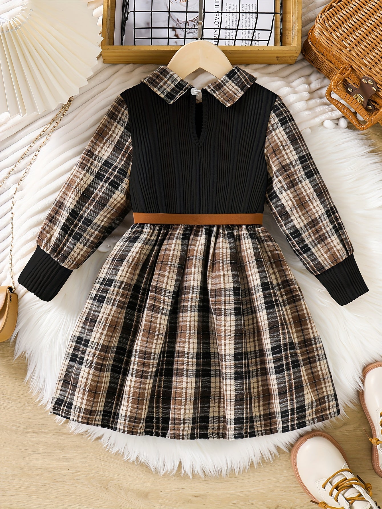 Girls' Long Sleeve Plaid Knit Dress with Belt for Spring and Fall