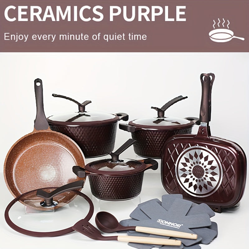 Juego de utensilios de cocina de diamante antiadherente de 15 piezas de lujo con sartenes y ollas para sopa