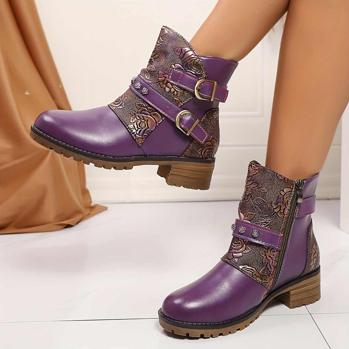 Women's Purple Ankle Boots With Chunky Heel Floral Print All-Season PU Cover