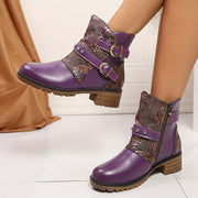 Women's Purple Ankle Boots With Chunky Heel Floral Print All-Season PU Cover