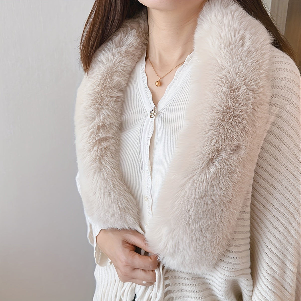 Winter Shawl with Faux Fur Collar Solid Color Loose Fit Knit Wrap Coat