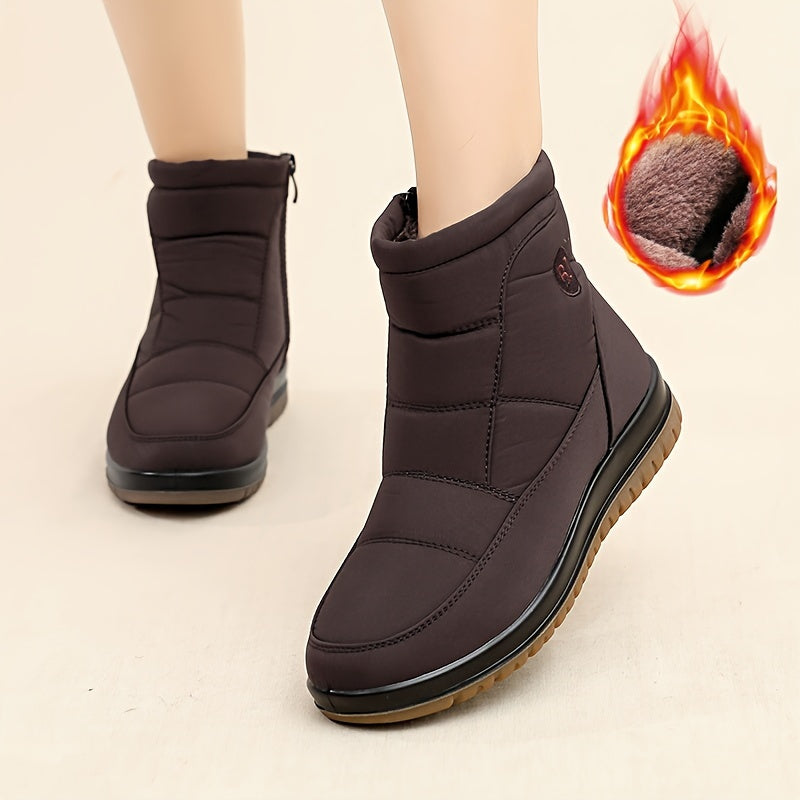 Women's Fleece-Lined Winter Boots - Black Slip-Resistant PU Sole Outdoor