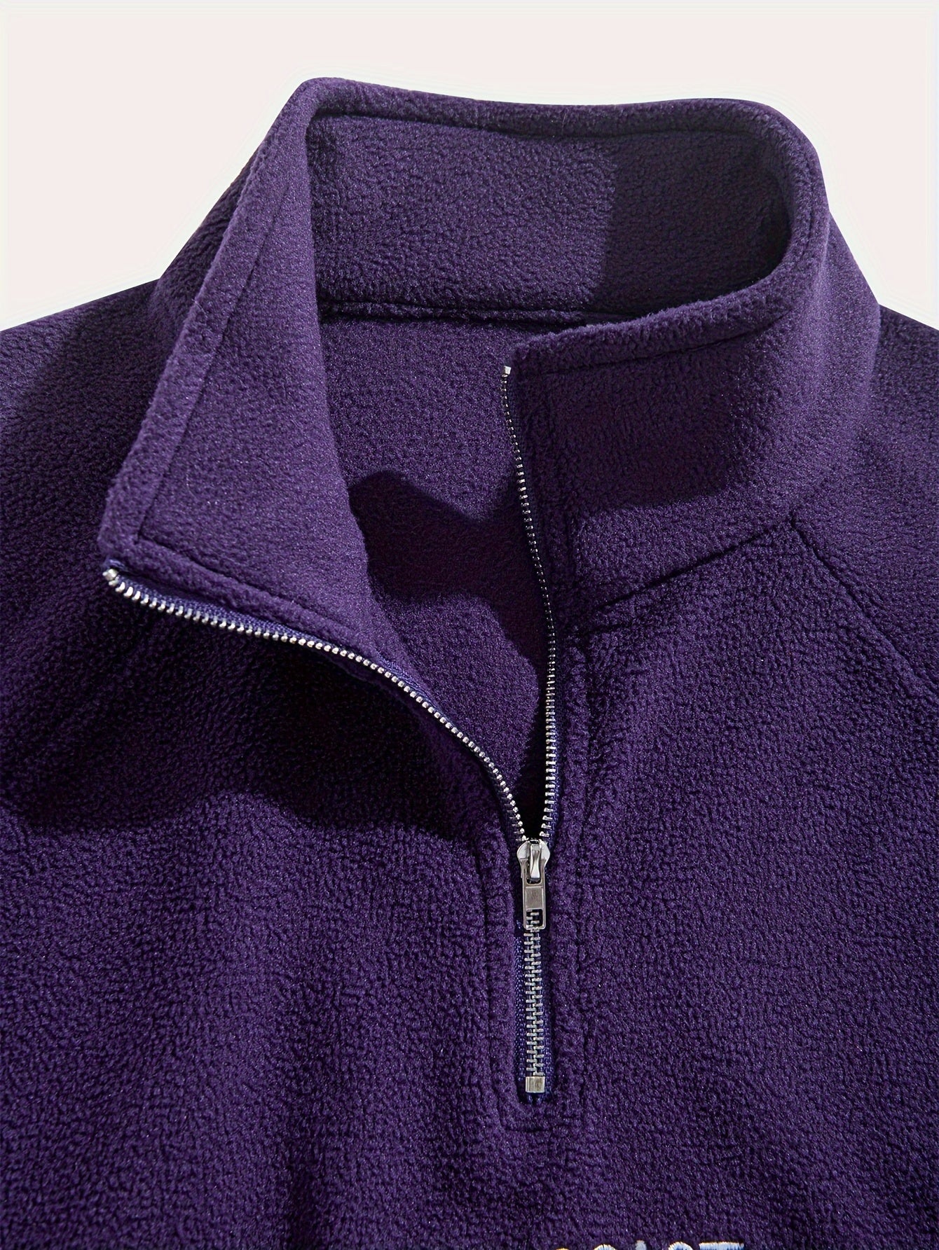 Men's Embroidered Fleece Pullover with Quarter-Zip Stand Collar Casual Long Sleeve Polyester Blend