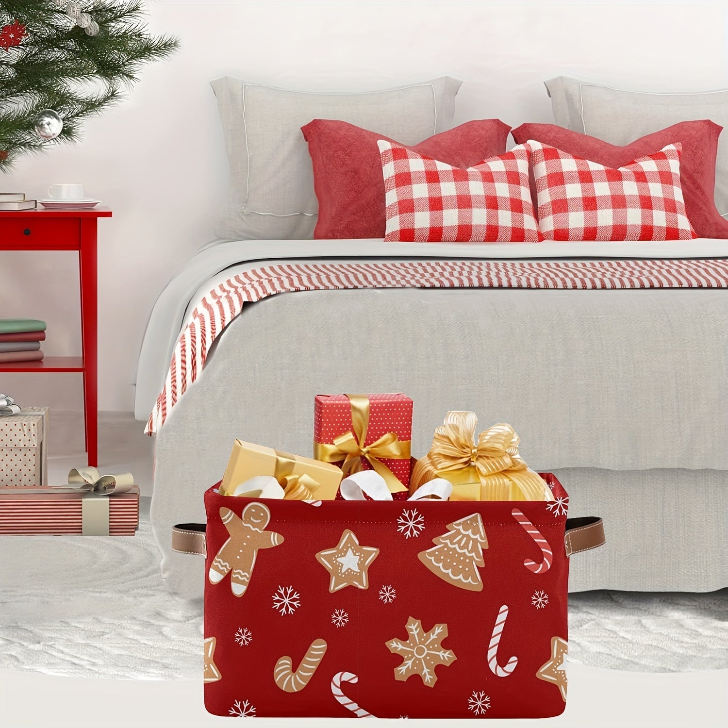 Прямоугольная складная новогодняя корзина для хранения снега с кожаной ручкой 36x26см Ткань