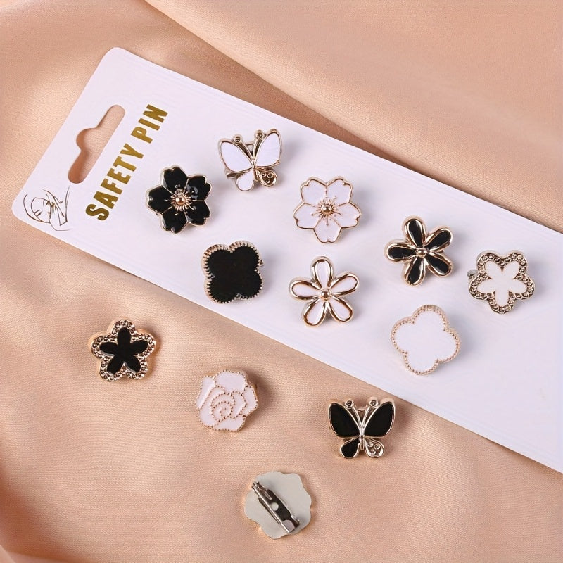 Set of 12 Vintage Resin Butterfly and Camellia Brooch Pins Black and White for Scarves and Clothing
