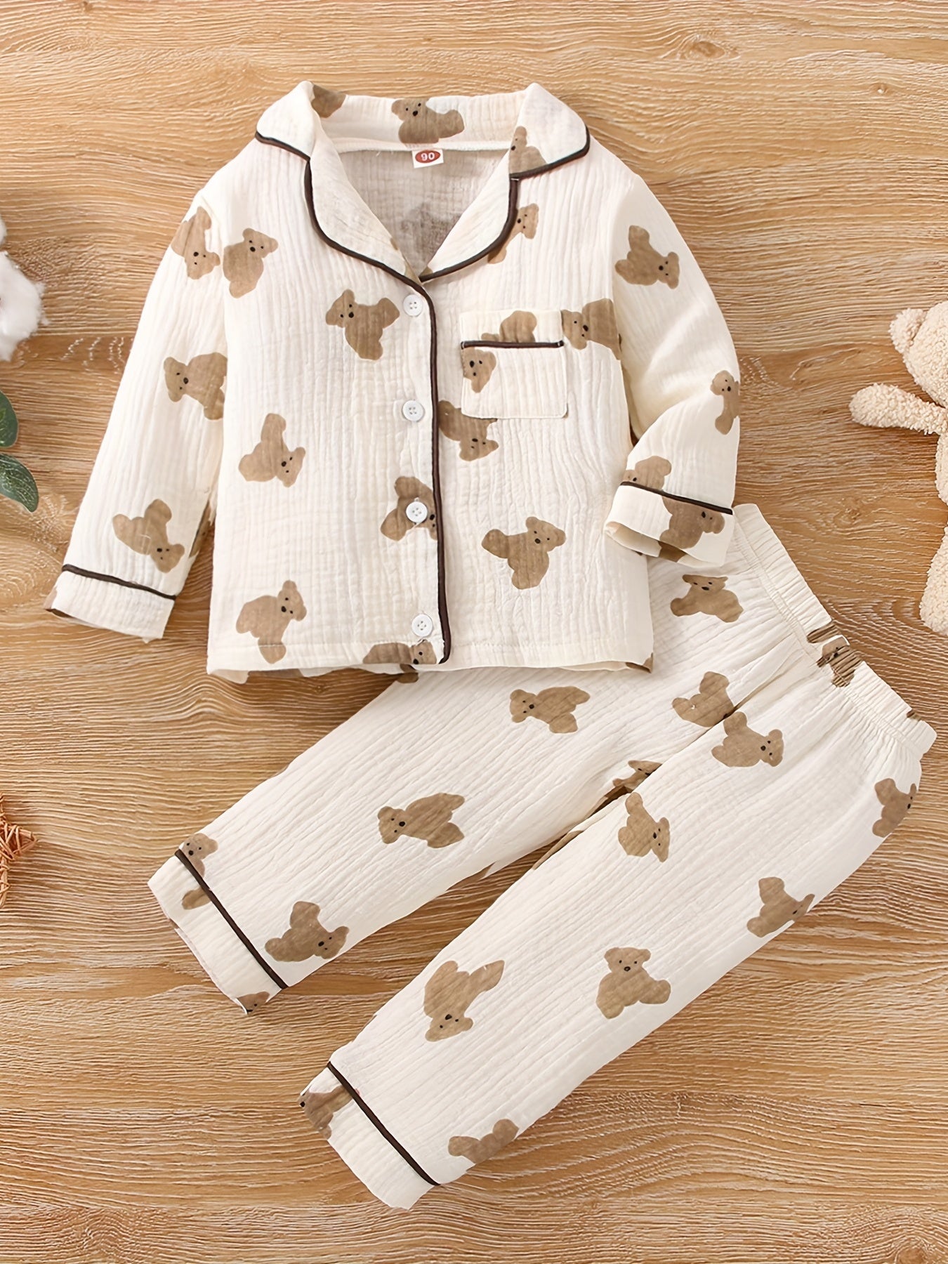 Boys Fall Winter Cotton Long Pant Set with Bear Print Casual Kids Pajama Set