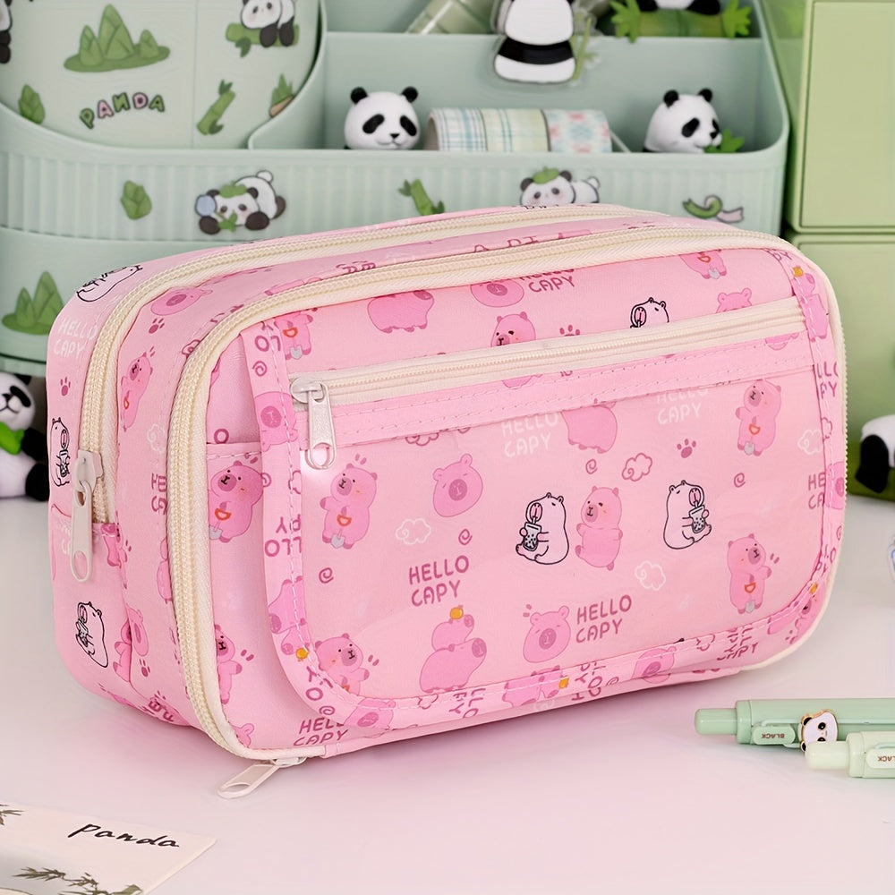 Kids Boys Girls Panda Cartoon Pencil Case with Multi-Layer Organizer Oxford Fabric Storage Box