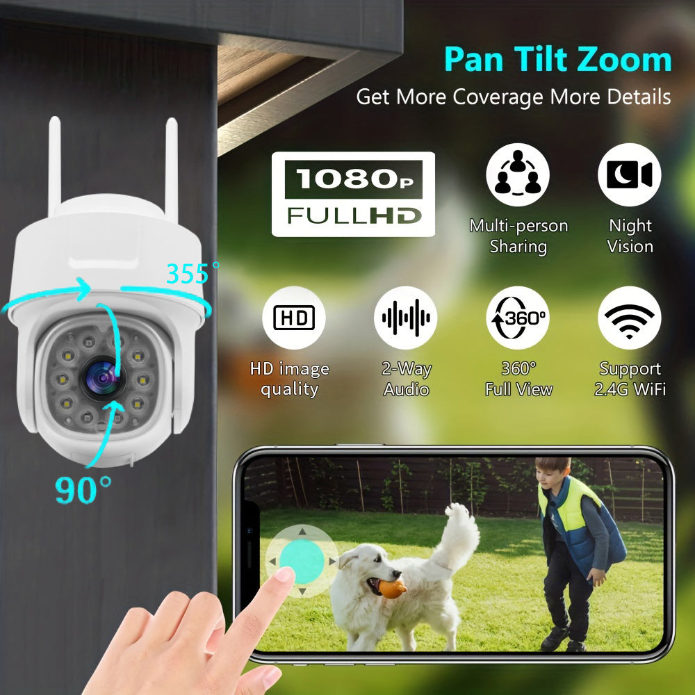 1080P HD Wireless Security Camera with Panoramic PTZ Night Vision Two-Way Audio Waterproof Motion Detection
