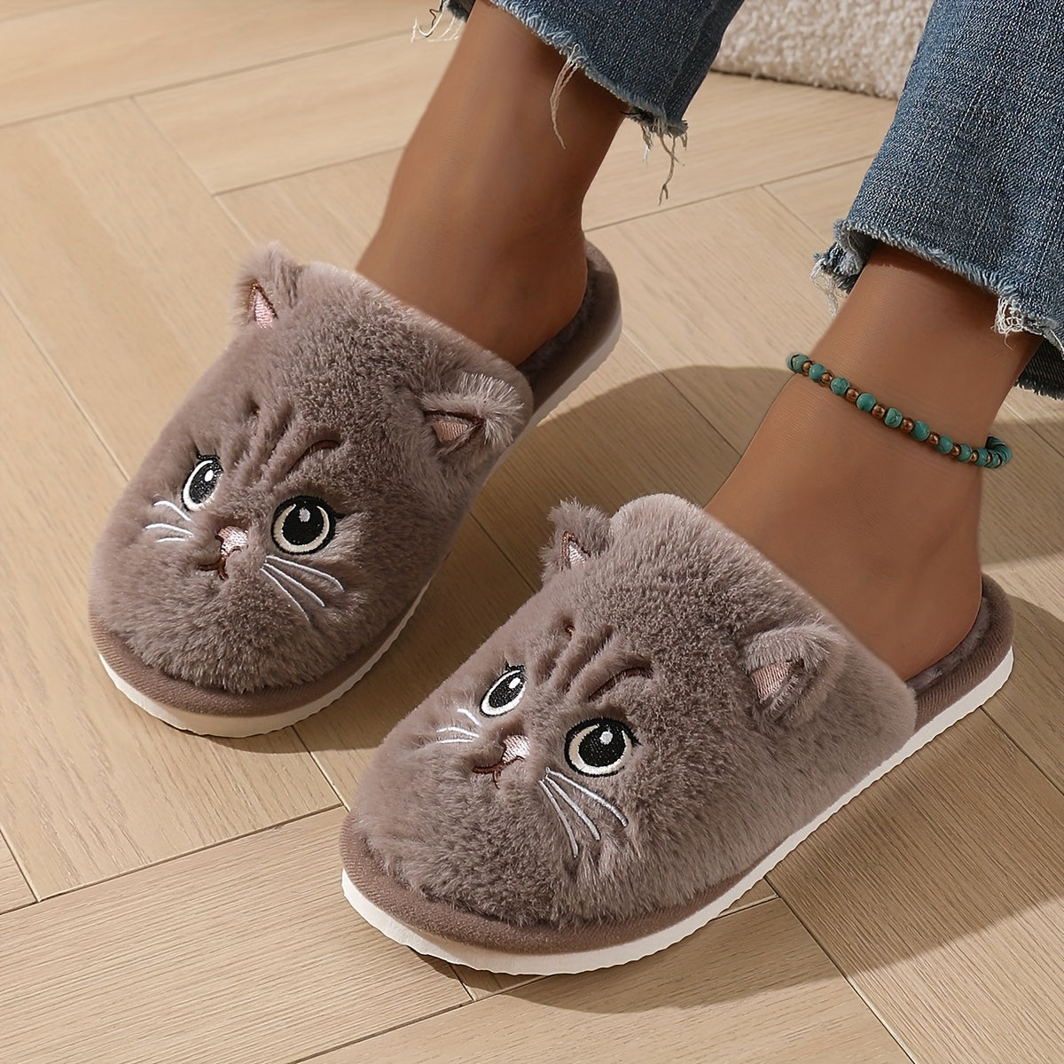 Women's Plush Cat Slippers Indoor House Shoes Non-Slip Cozy EVA Sole