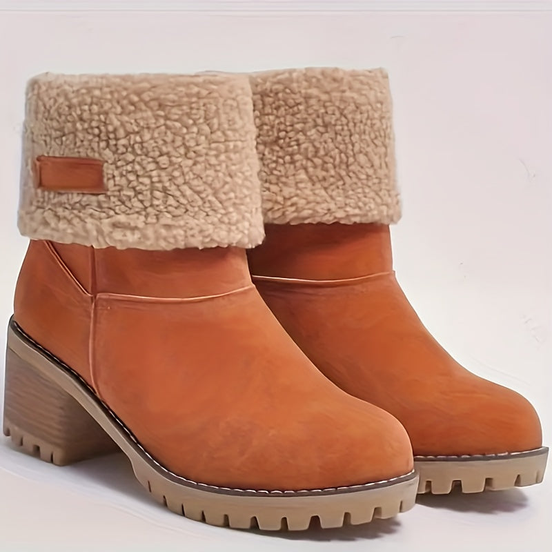 Women's Solid Color Mid Heel Ankle Boots with Faux Fur Trim Slip-On Platform Shoes