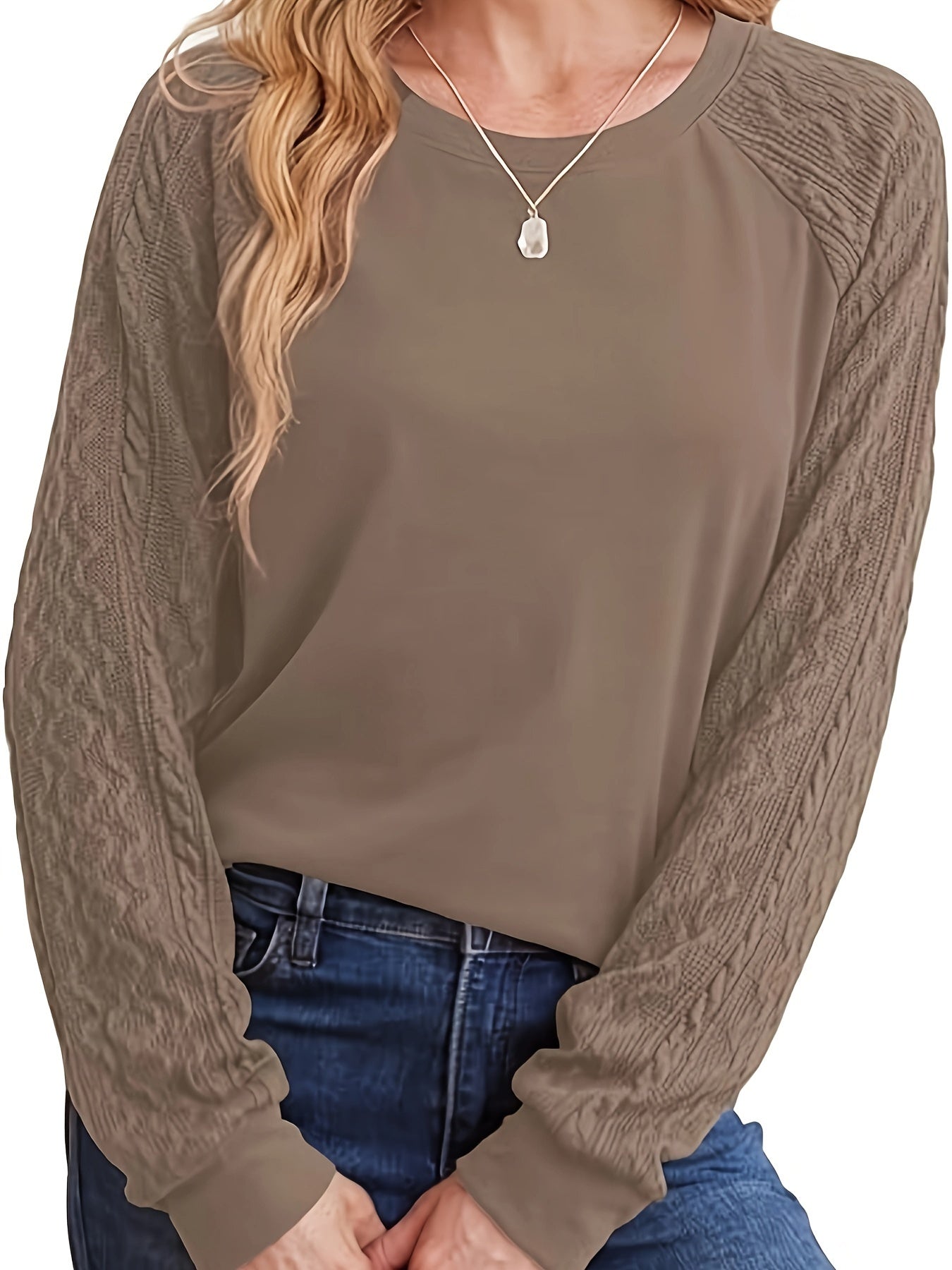 Women's Brown Cable Knit Sweater Long Sleeve Crew Neck Cozy Winter Stretch Polyester Blend