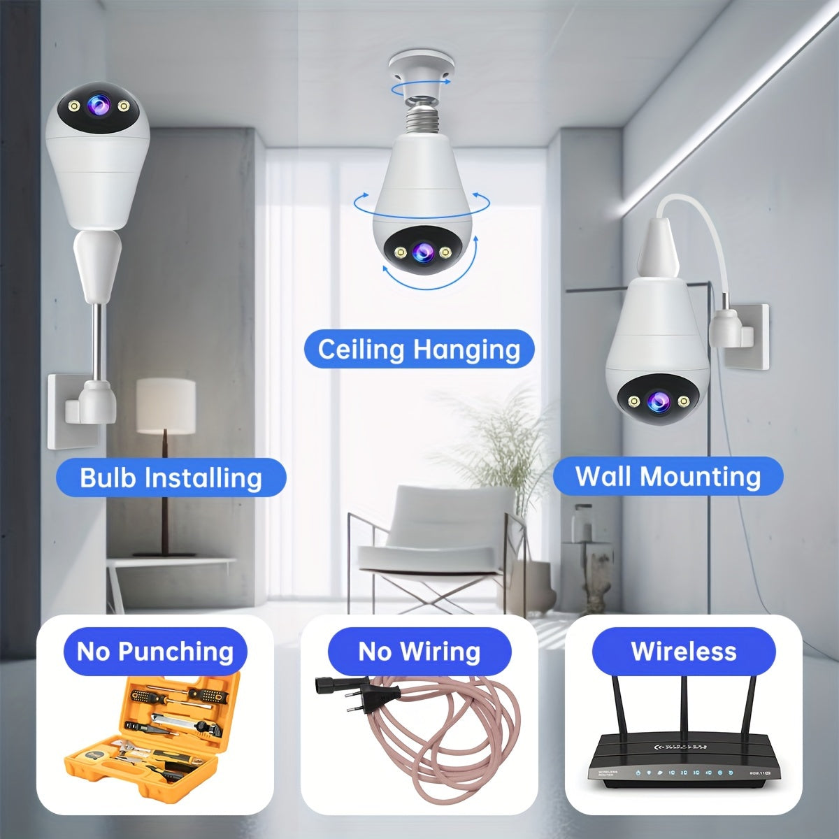 3MP Wireless Security Camera with Full Color Night Vision Two-Way Audio Motion Detection Light Bulb Design