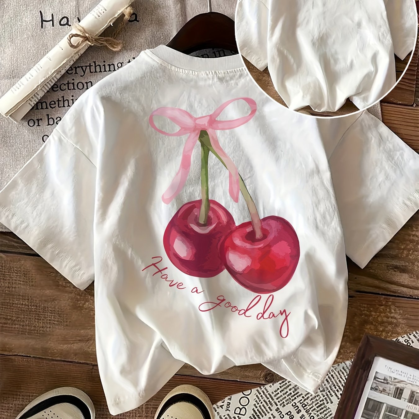 Women's Casual Cherry Graphic T-Shirt Crew Neck Short Sleeve All-Season Cotton