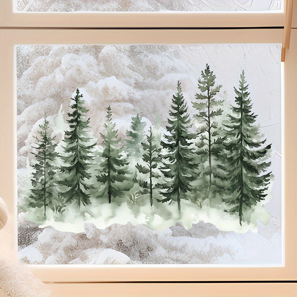 Winter Trees Christmas Window Cling Decor Watercolor Snowflake Stickers
