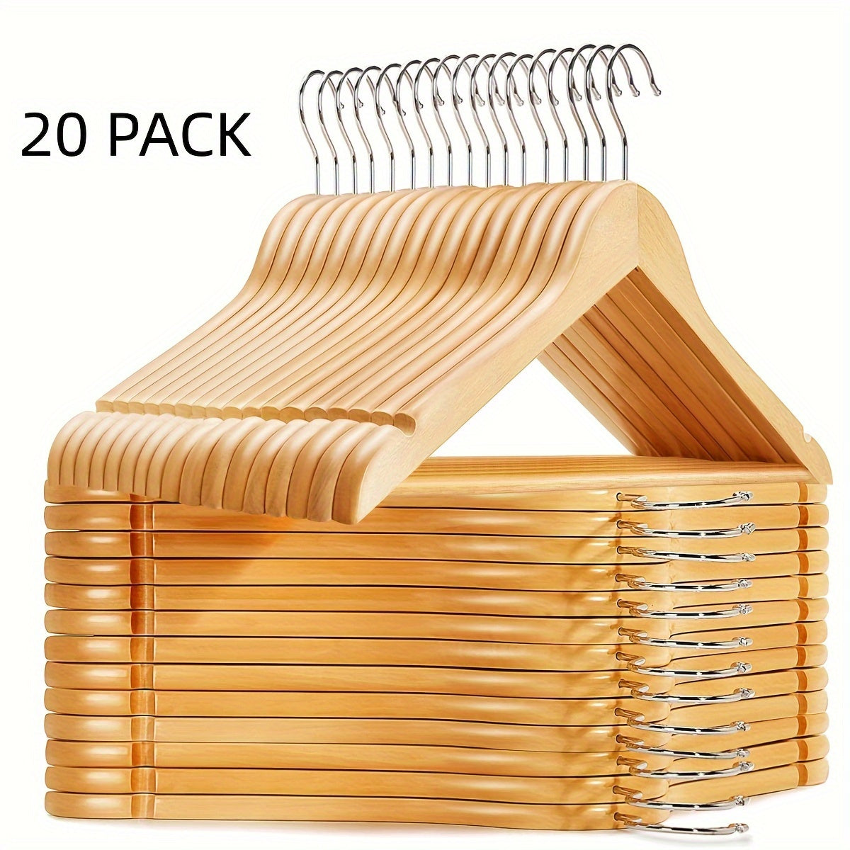 Set of 20 Non-Slip Wooden Clothes Hangers with Grooves for Wardrobes and Storage