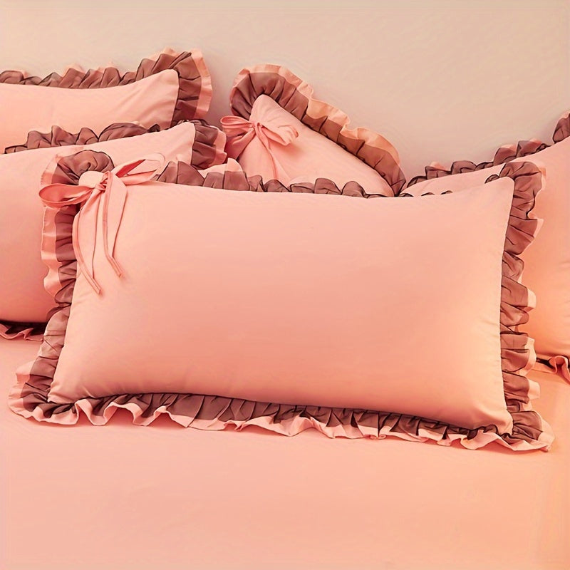 Soft Solid Color Brushed Envelope Pillowcase with Lotus Leaf Lace for Sofa Bed