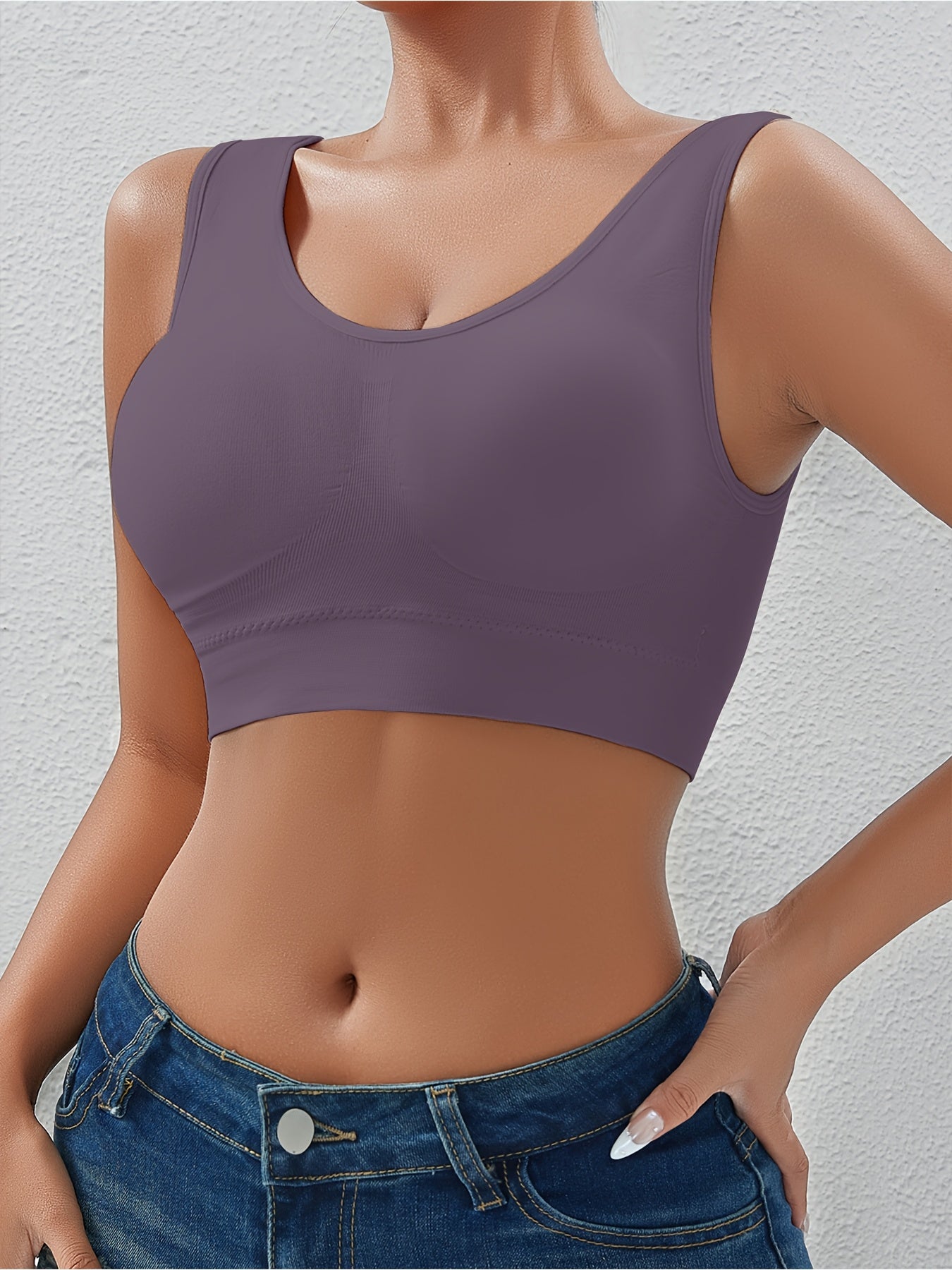 Plus-Size Wireless Sports Bra Seamless Push-Up Yoga Running Compression Black Purple Beige White