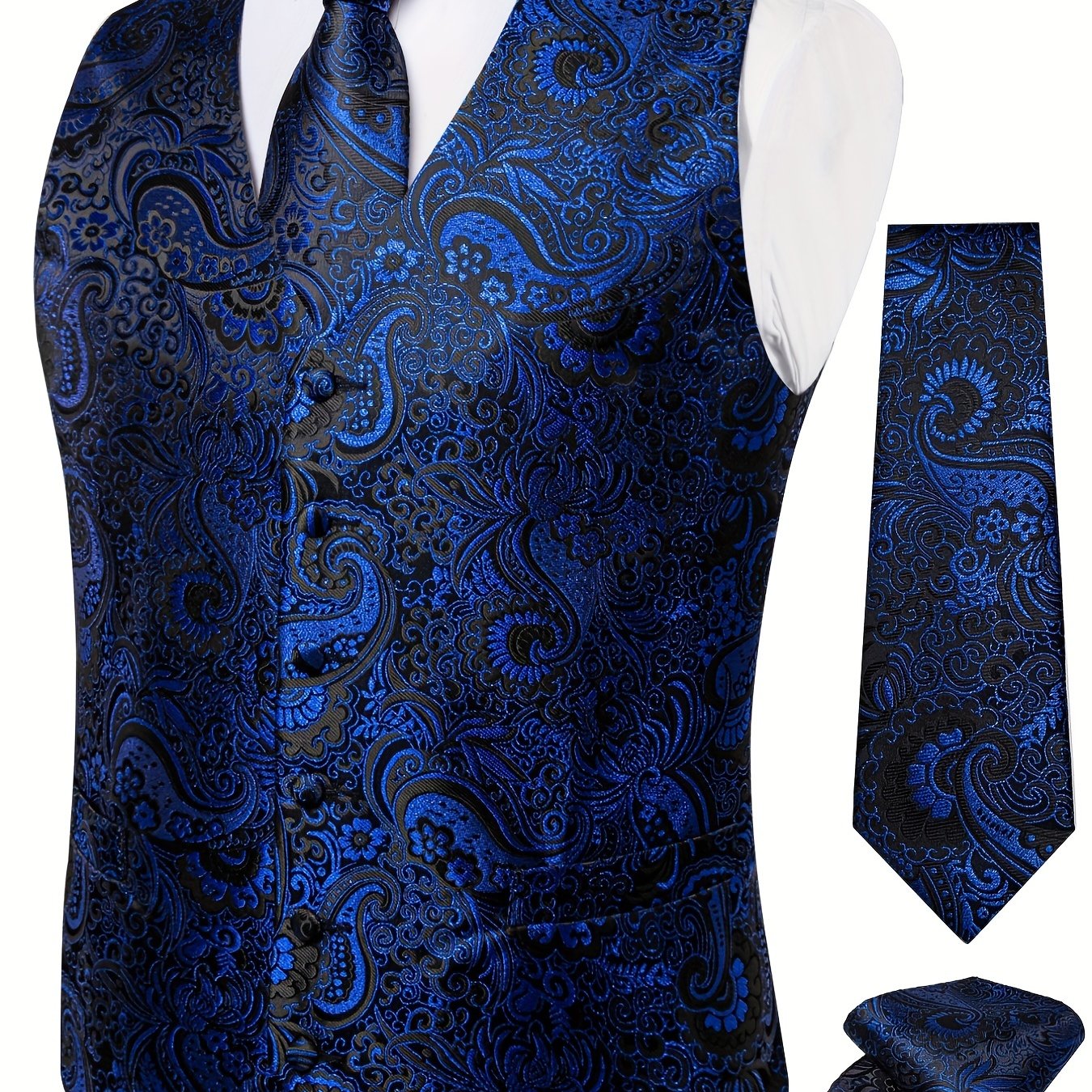 Men's Plus Size Blue Waistcoat Set with Paisley Tie Cufflinks and Handkerchief for Formal Occasions