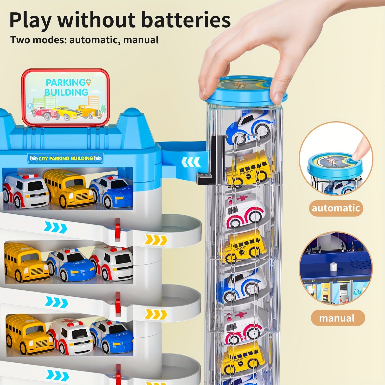 Kids Blue Plastic Car Garage Playset with Parking Lot Ambulance Police Car and School Bus