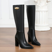 Women's Faux Leather Knee-High Boots With Block Heel and Zipper